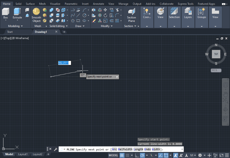 use the mouse to start the line at any coordinate in the workspace and establish the length and angle using the keyboard.