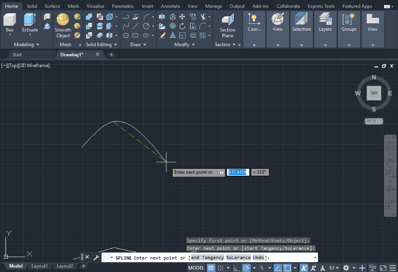 After selecting the Spline command, click any point in the workspace to start drawing and use the keyboard to establish the distance and angle, as shown in the image below.