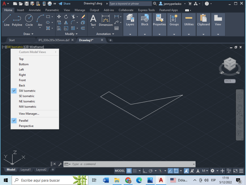 You can customize the model view by clicking at the upper left corner in the drawing space below the toolbar to change the object's perspective.