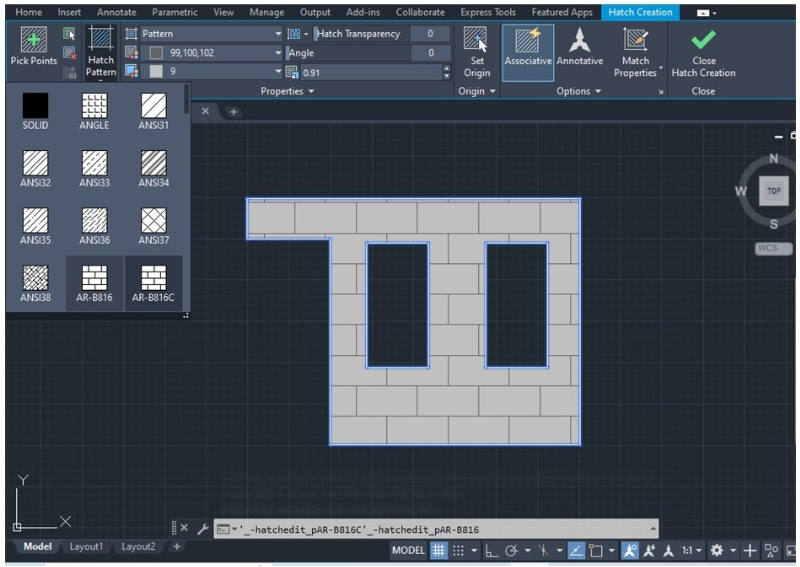 By clicking the Hatch Pattern icon you can choose from the twelve options provided by AutoCAD, but you can also create custom hatch patterns.