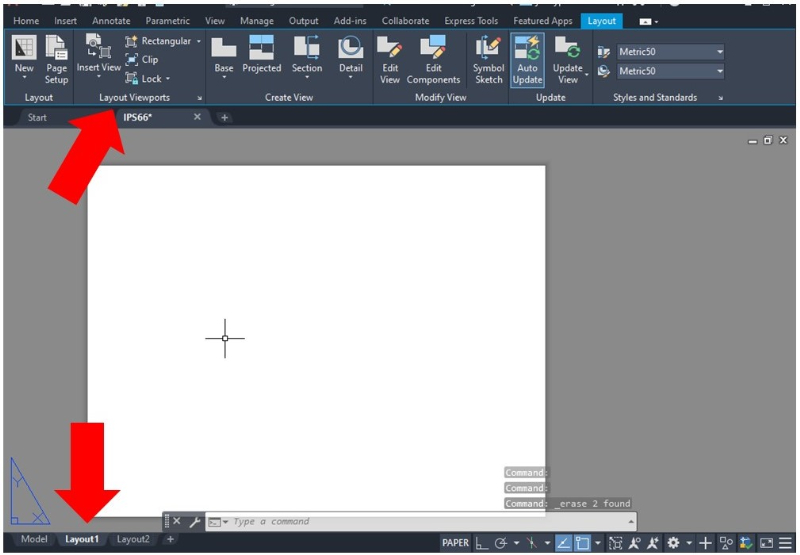 Use the mouse to enter the Paper Space by clicking the Layout1 window at the bottom of the screen. A blank sheet should appear with the Layout tab settings at the top of the screen.