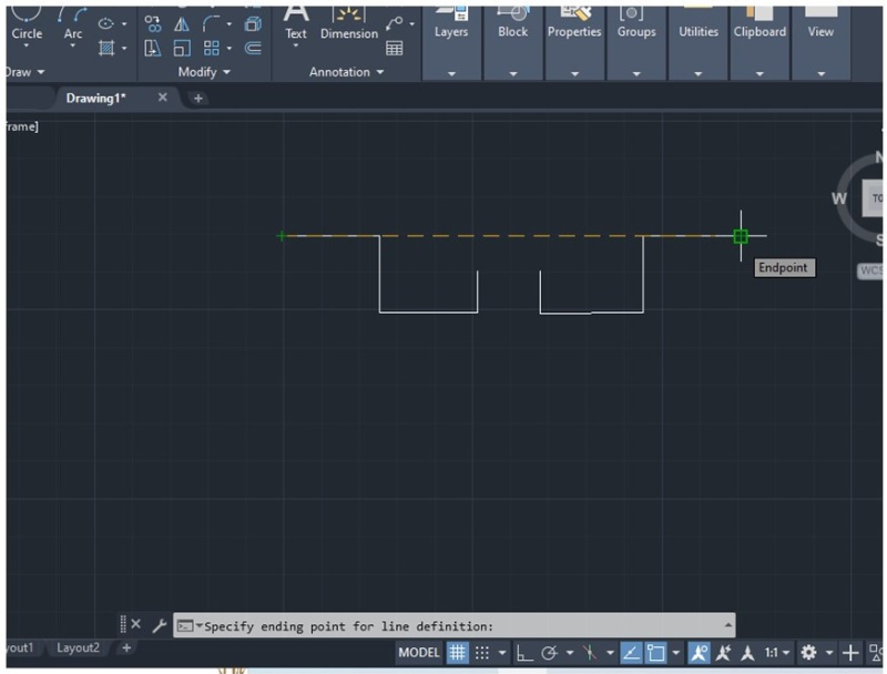 AutoCAD will now ask for the starting point and endpoint to the new linetype, indicated with the cursor as shown in the picture below.