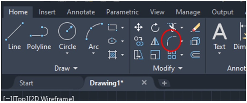 When working in the 2D environment, you simply need to click the Fillet icon located in the Modify tab in the Home toolbar. You can also type the word “Fillet” in the command bar, then select the two objects you want.