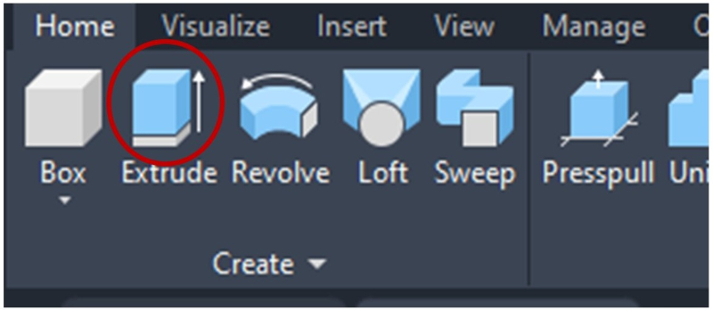 To extrude the surface, you can type the word “Extrude” in the command bar or select the Home toolbar in the 3D Basics environment and click the Extrude icon.