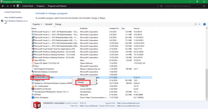 Solidworks icon and click Change