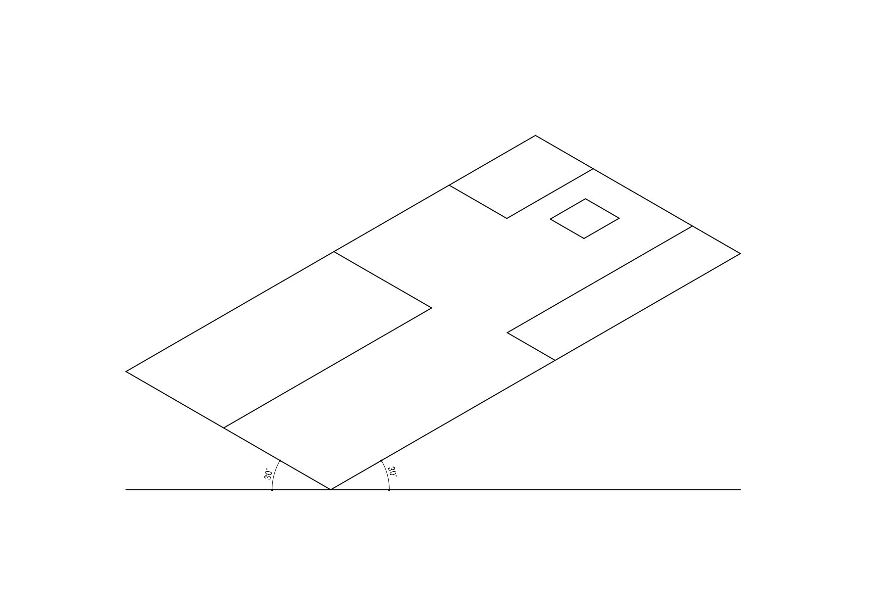 平面図でいう直角部分が120°になるように作図する