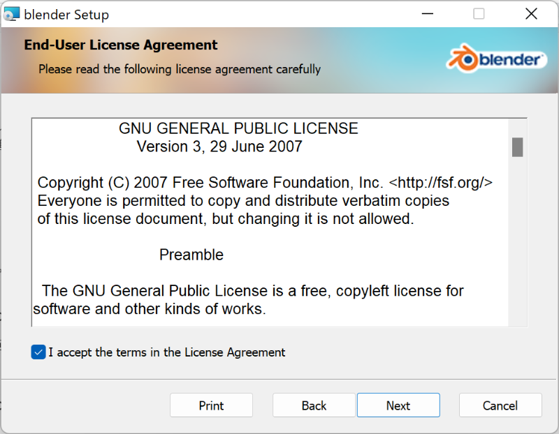 「I accept the terms in the License Agreement」のチェックボックスをクリックして同意