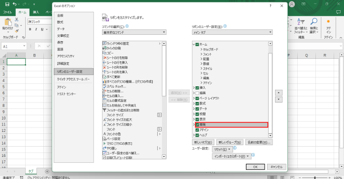 右側のメニューから「開発」の項目にチェックを入れてOKボタンで確定する