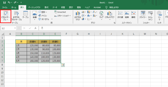 「ピボットテーブル」をクリックする
