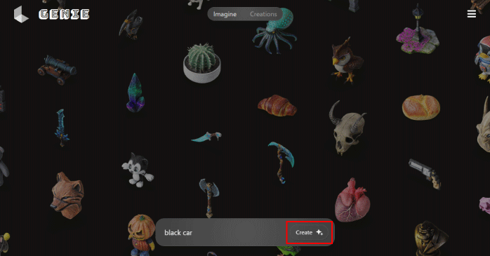 入力欄に生成した3Dモデルのプロンプトを入力して「Create」ボタンをクリックする