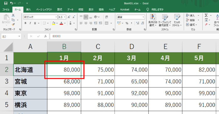 固定したい行と列が交わる右下のセルをアクティブにする