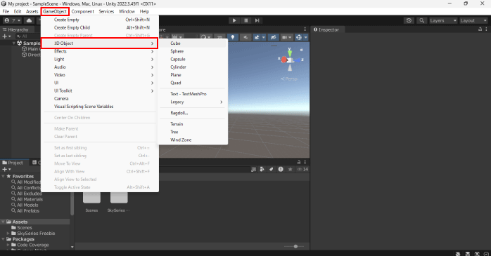「GameObject」から「3D Object」を選ぶ