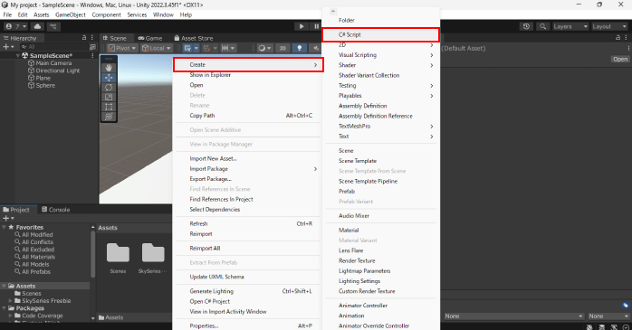 「Create」から「C#Script」を選択する