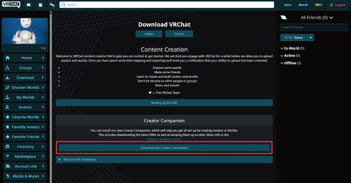 「Download the Creator Companion」をクリックする