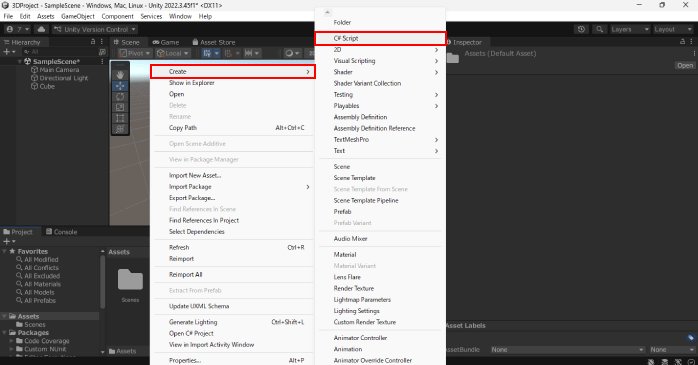 「Create」から「C# Script」を選択する