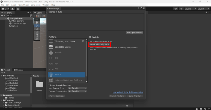 「Install with Unity Hub」ボタンをクリックする