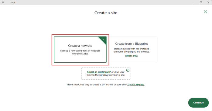 「Create a new site」を選択する
