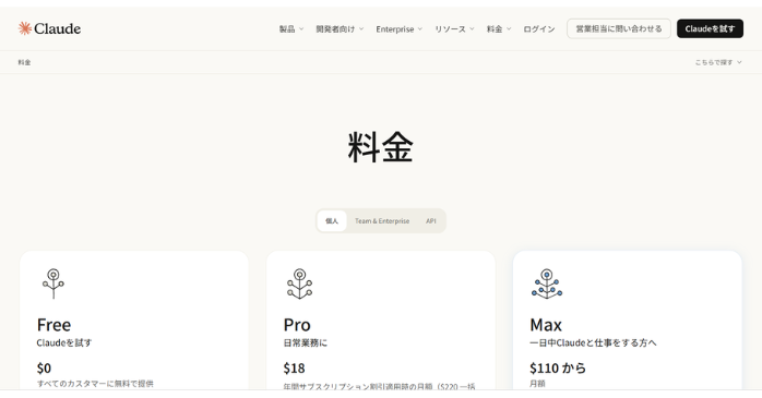 Claudeの料金プラン表