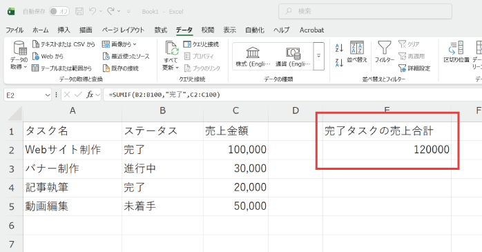 売上金額の合計が表示された